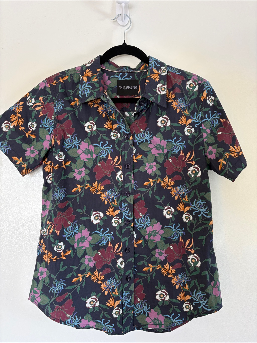 Wildfang Black Floral Short-Sleeve Button-Down Shirt With Multicolor Blooms